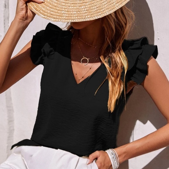 Boho Black Solid Ruffle Sleeve Top - Picture 5 of 7